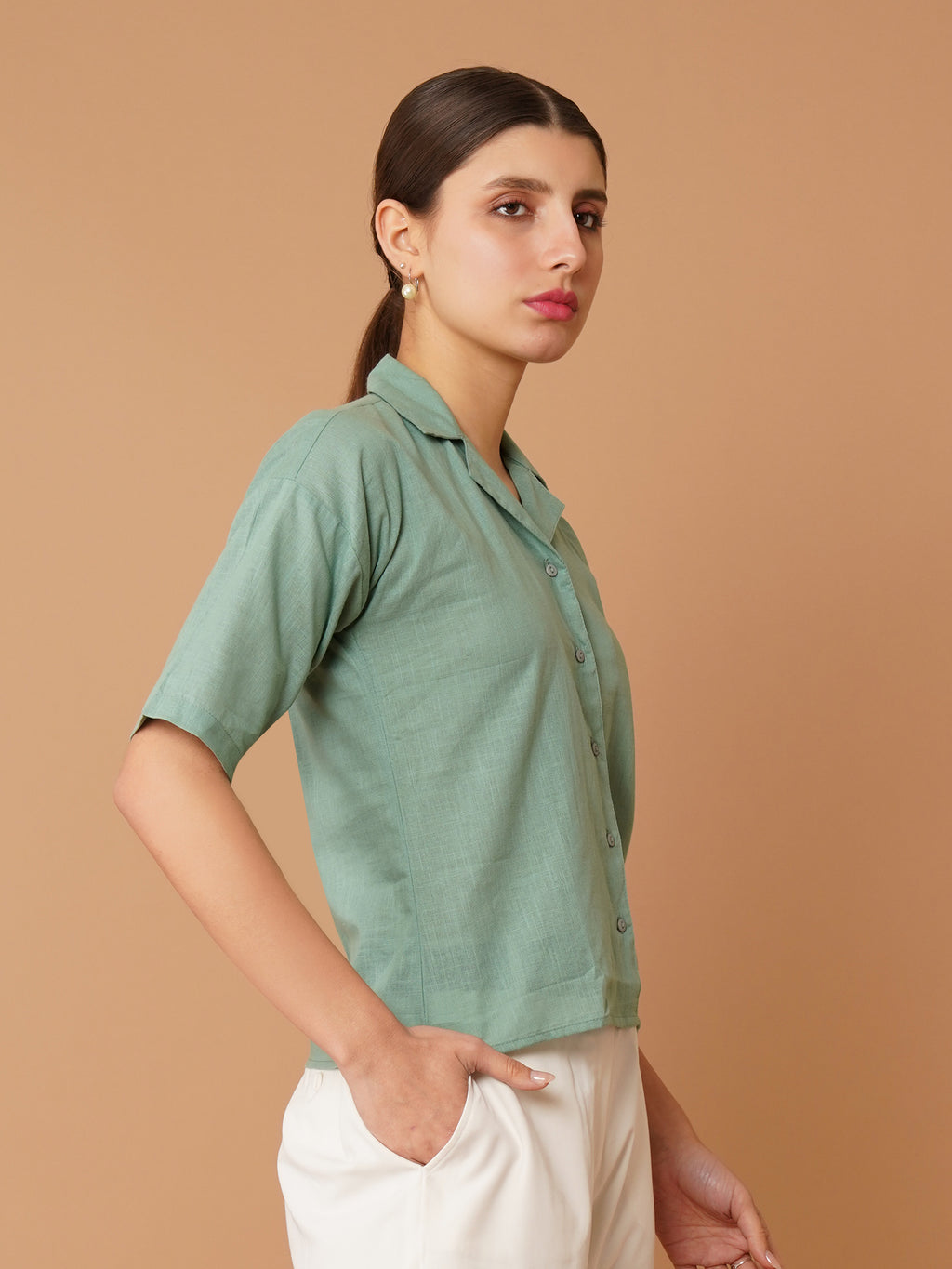 Green Cuban Collar Drop-Shoulder Sleeves Cotton Shirt