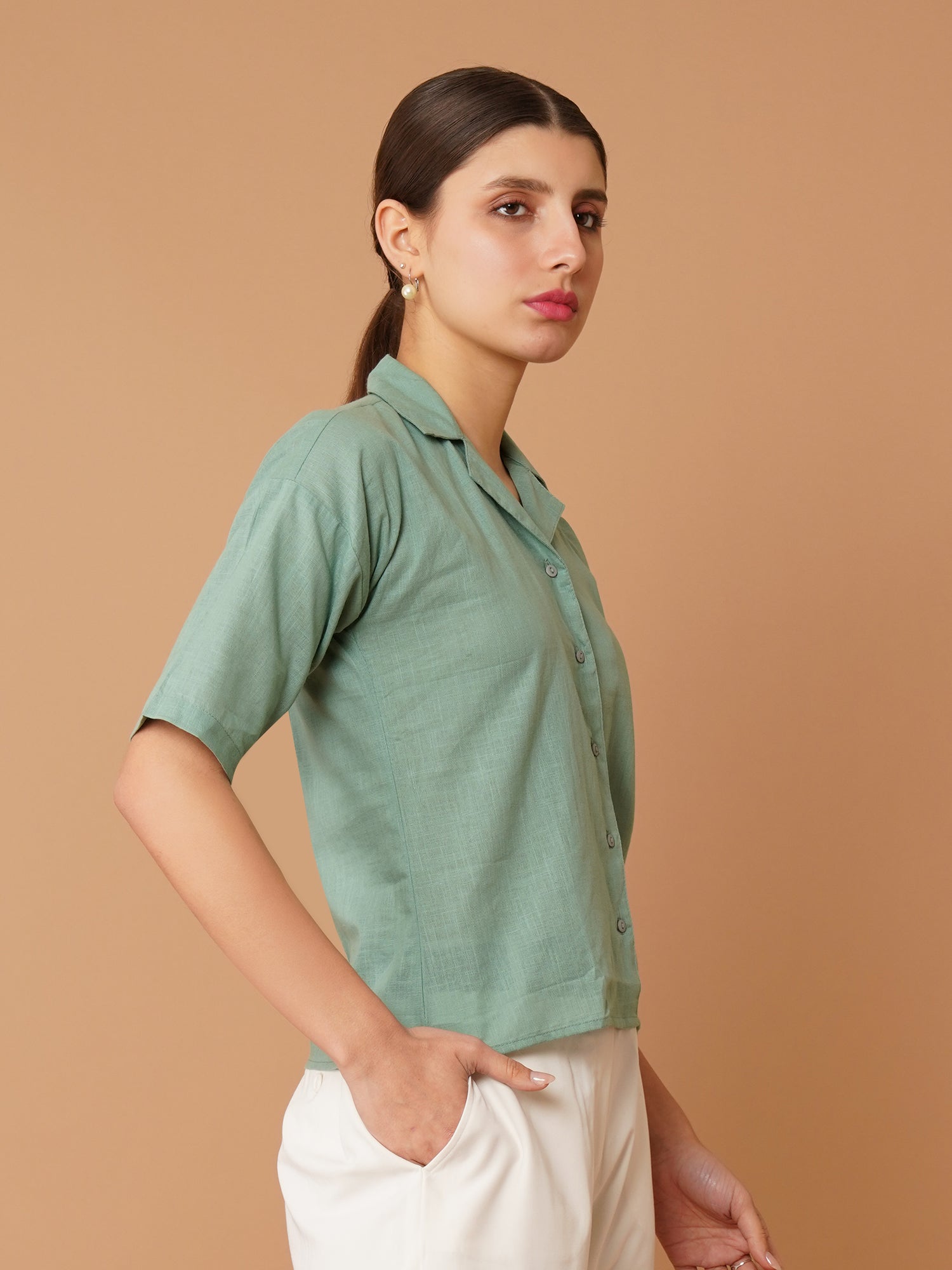 Green Cuban Collar Drop-Shoulder Sleeves Cotton Shirt