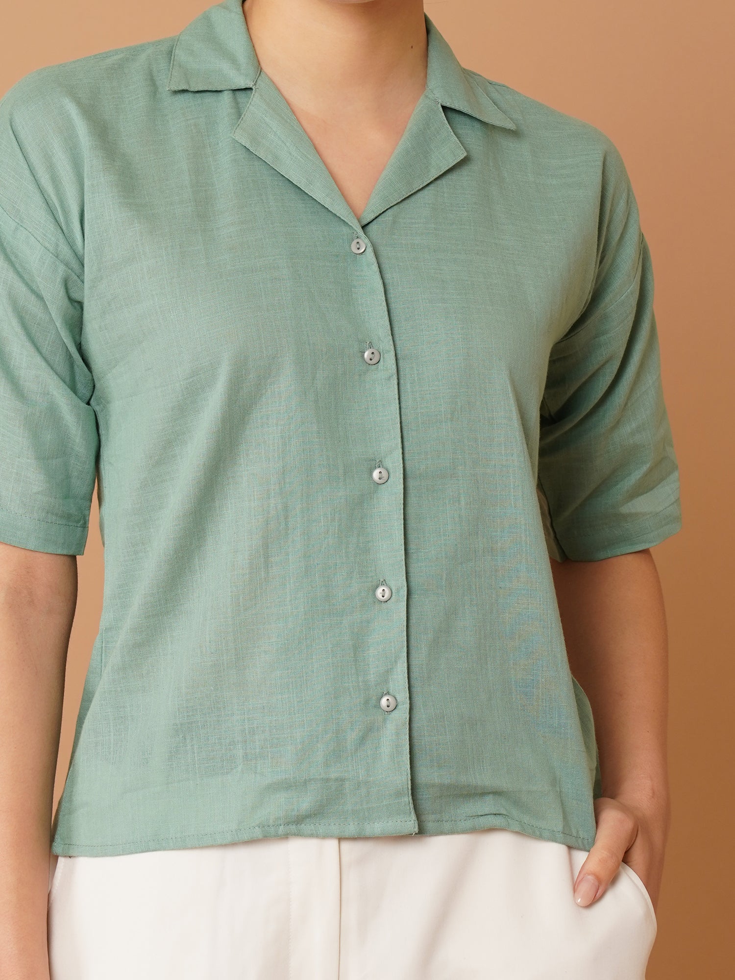 Green Cuban Collar Drop-Shoulder Sleeves Cotton Shirt