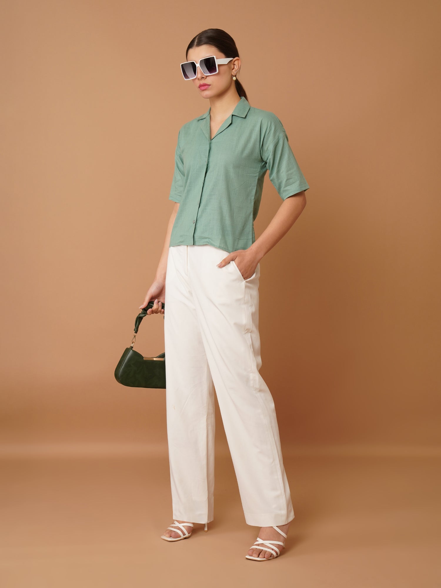 Green Cuban Collar Drop-Shoulder Sleeves Cotton Shirt