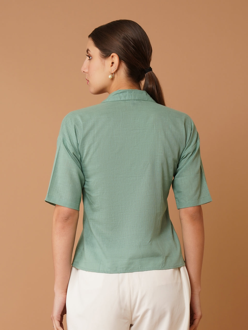 Green Cuban Collar Drop-Shoulder Sleeves Cotton Shirt