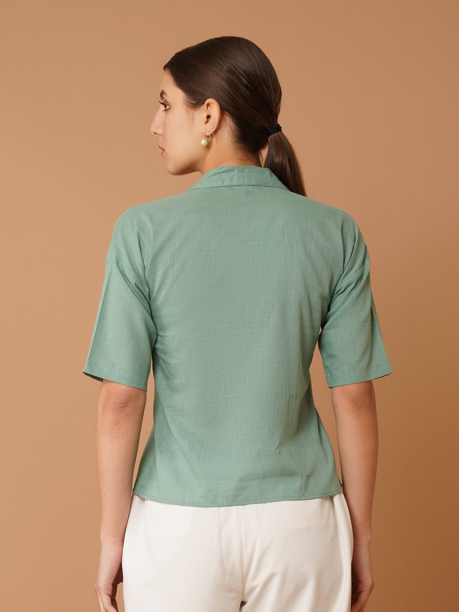 Green Cuban Collar Drop-Shoulder Sleeves Cotton Shirt