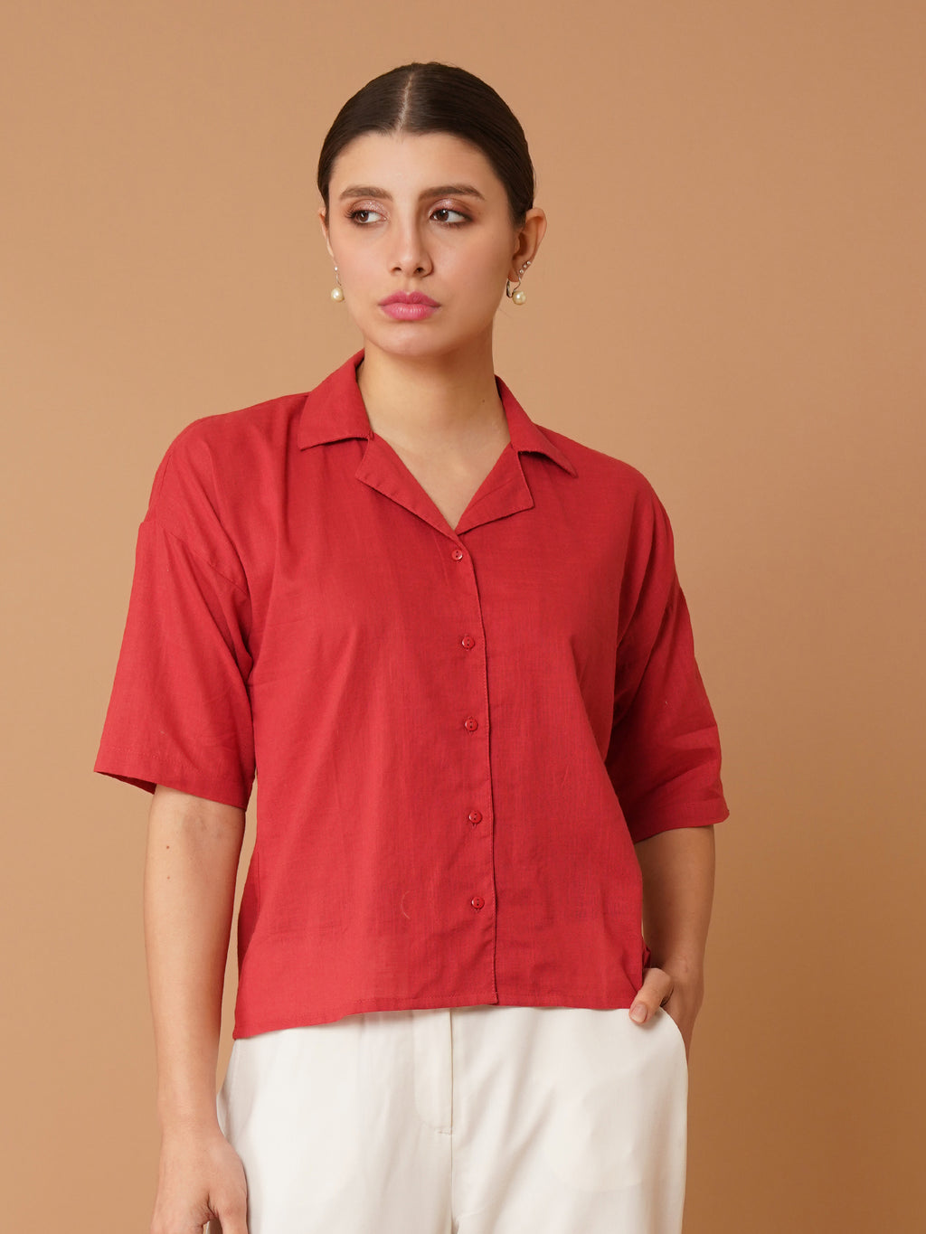 Red Cuban Collar Drop-Shoulder Sleeves Cotton Shirt