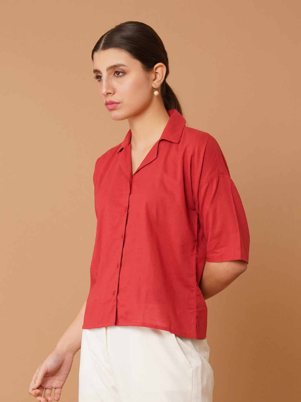 Red Cuban Collar Drop-Shoulder Sleeves Cotton Shirt