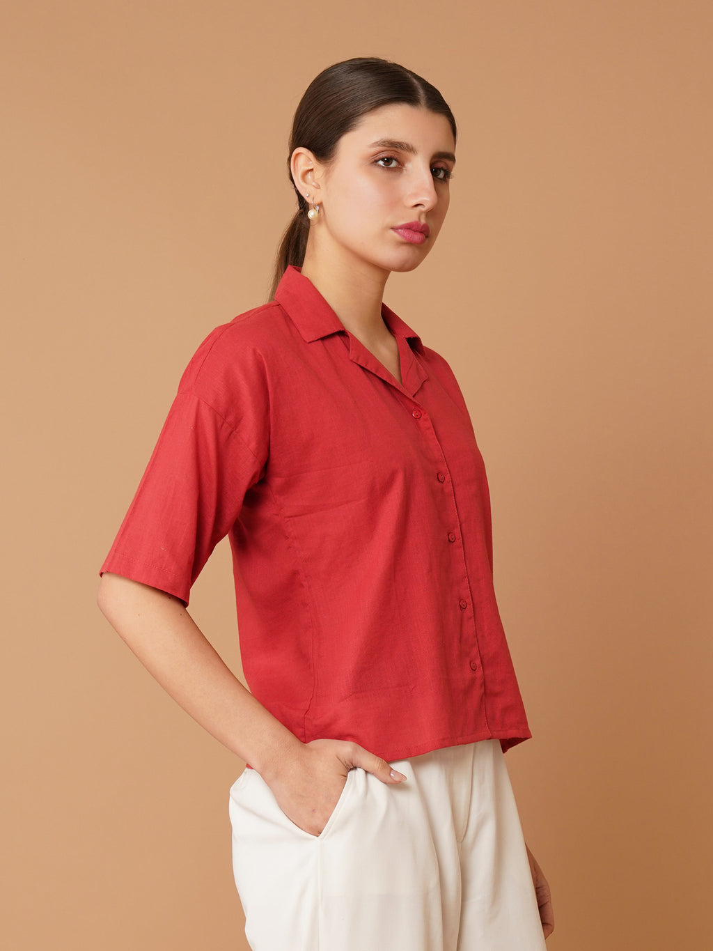 Red Cuban Collar Drop-Shoulder Sleeves Cotton Shirt