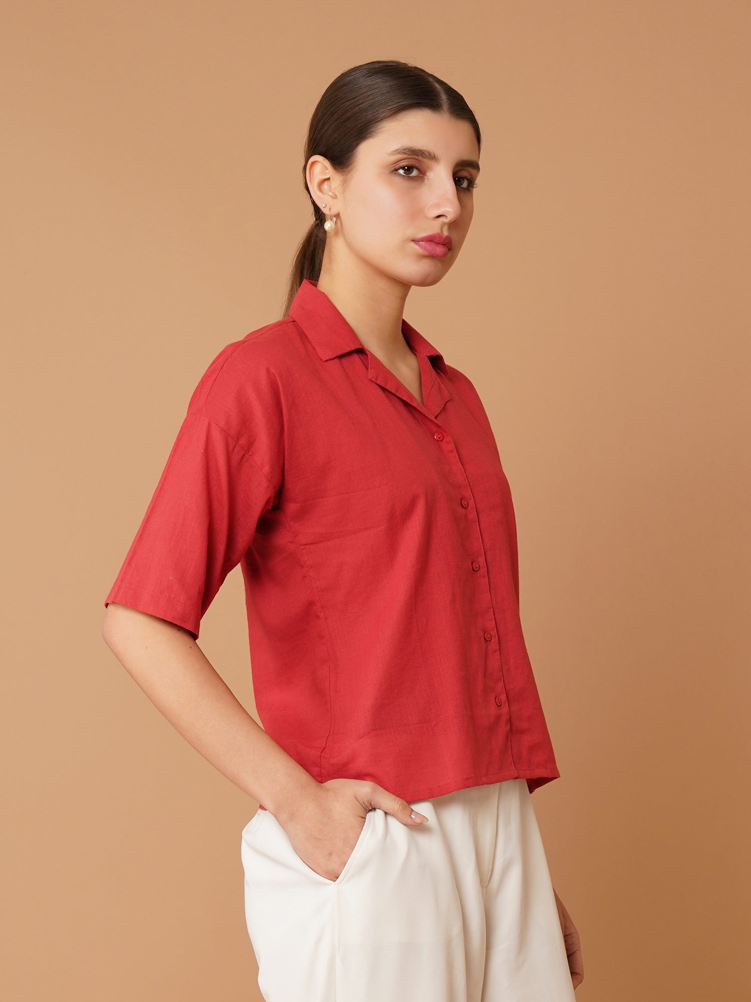 Red Cuban Collar Drop-Shoulder Sleeves Cotton Shirt