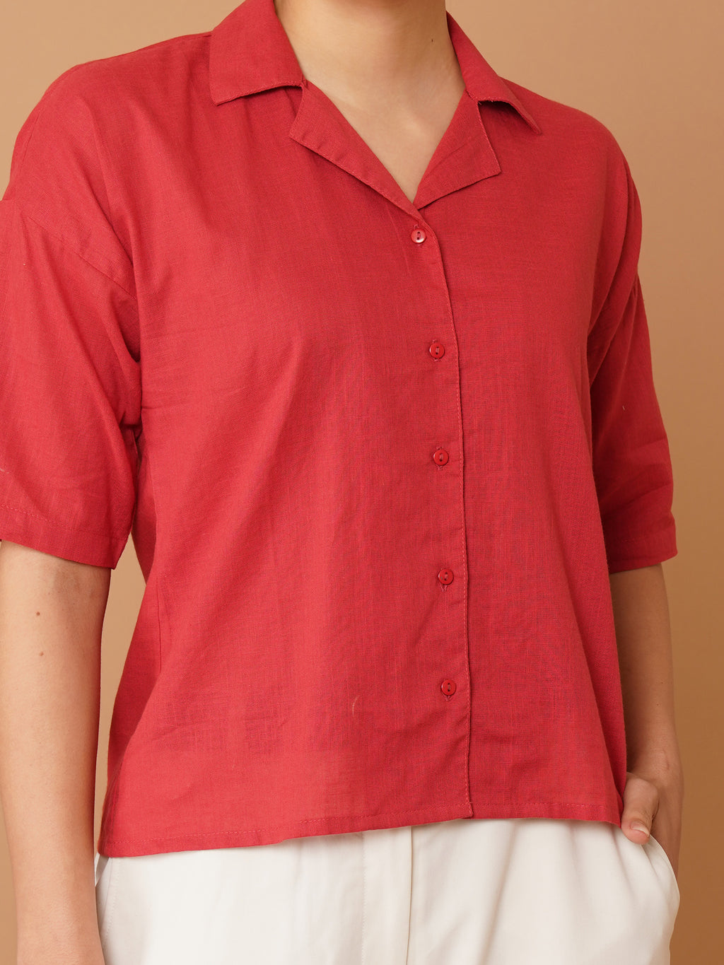 Red Cuban Collar Drop-Shoulder Sleeves Cotton Shirt