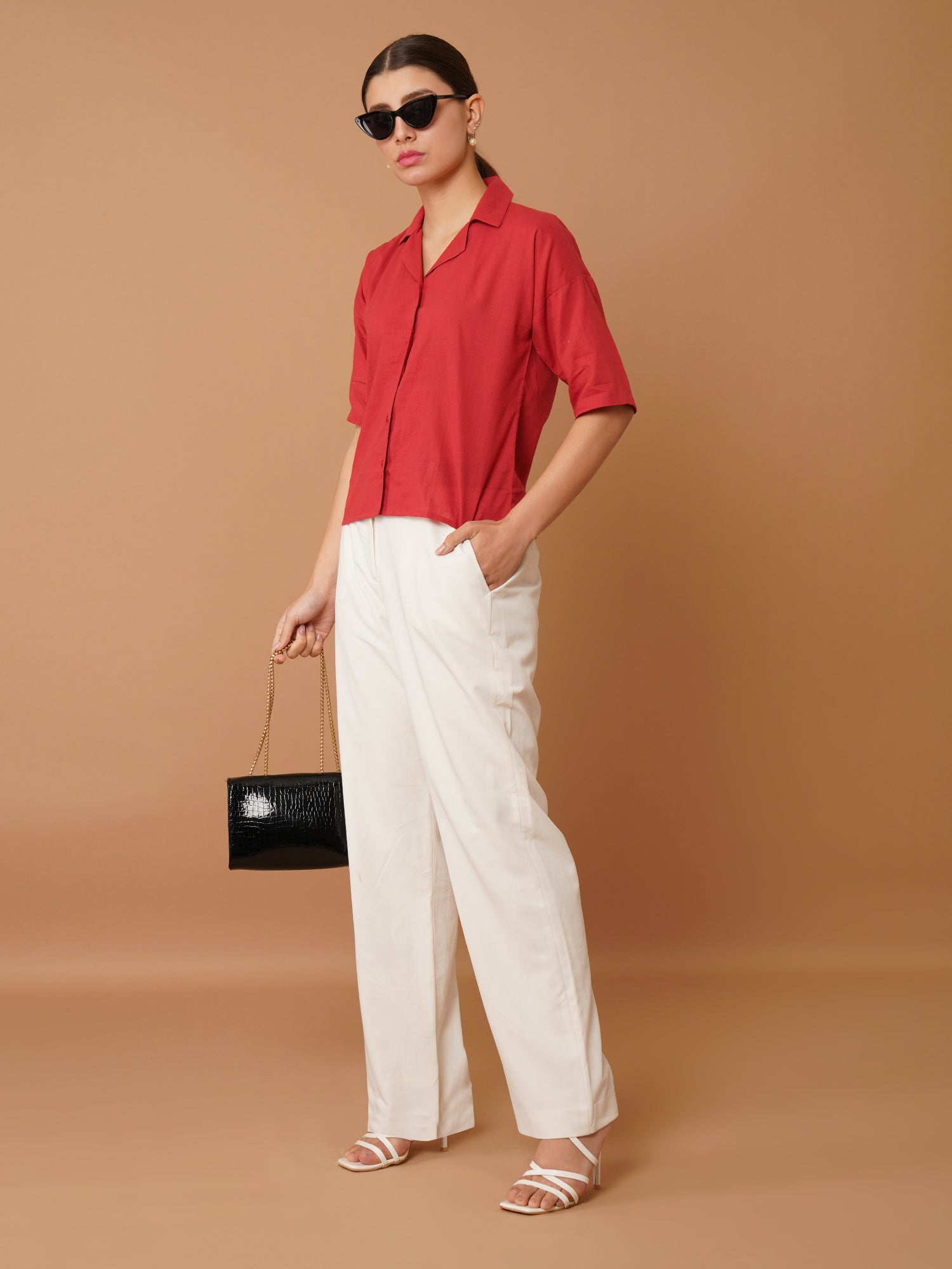 Red Cuban Collar Drop-Shoulder Sleeves Cotton Shirt