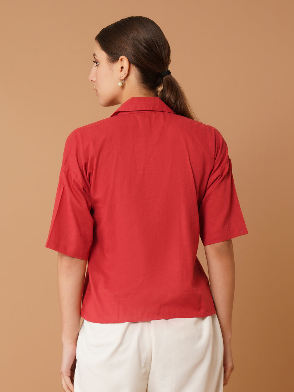 Red Cuban Collar Drop-Shoulder Sleeves Cotton Shirt