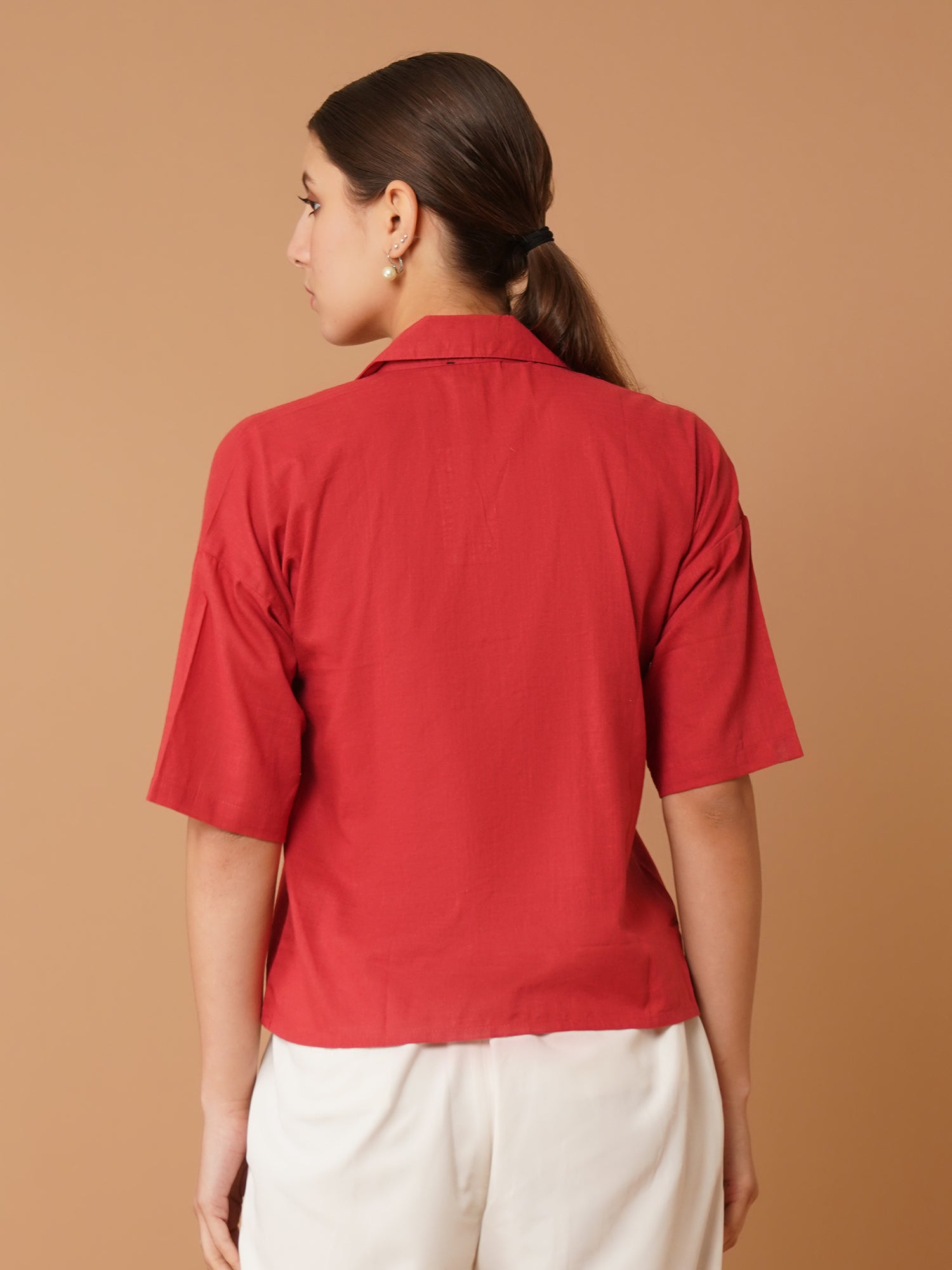 Red Cuban Collar Drop-Shoulder Sleeves Cotton Shirt