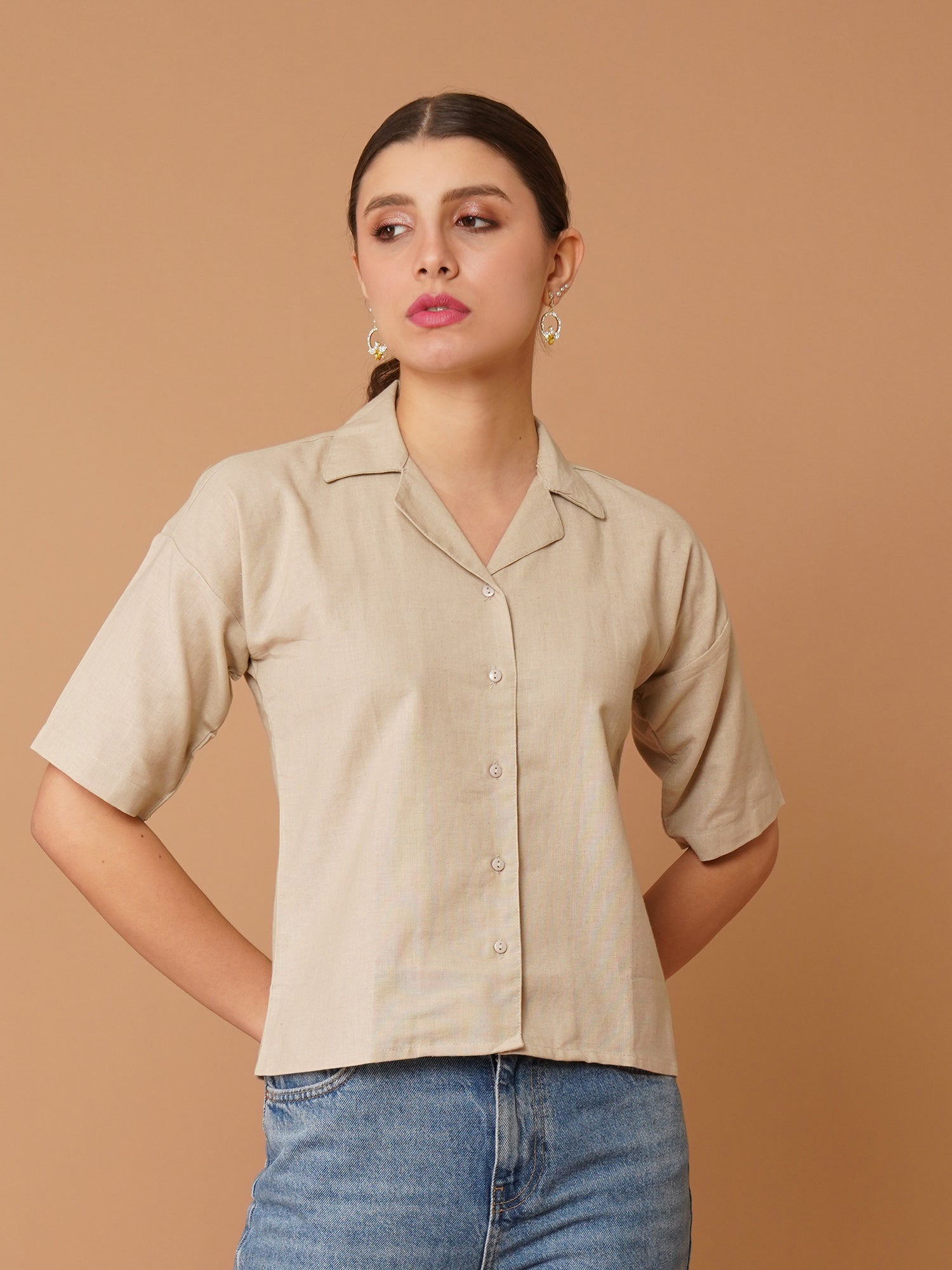 Beige Spread Collar Drop-Shoulder Sleeves Cotton Shirt