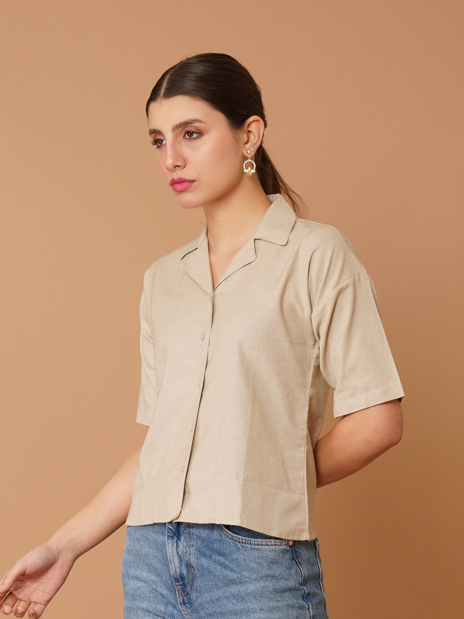 Beige Spread Collar Drop-Shoulder Sleeves Cotton Shirt
