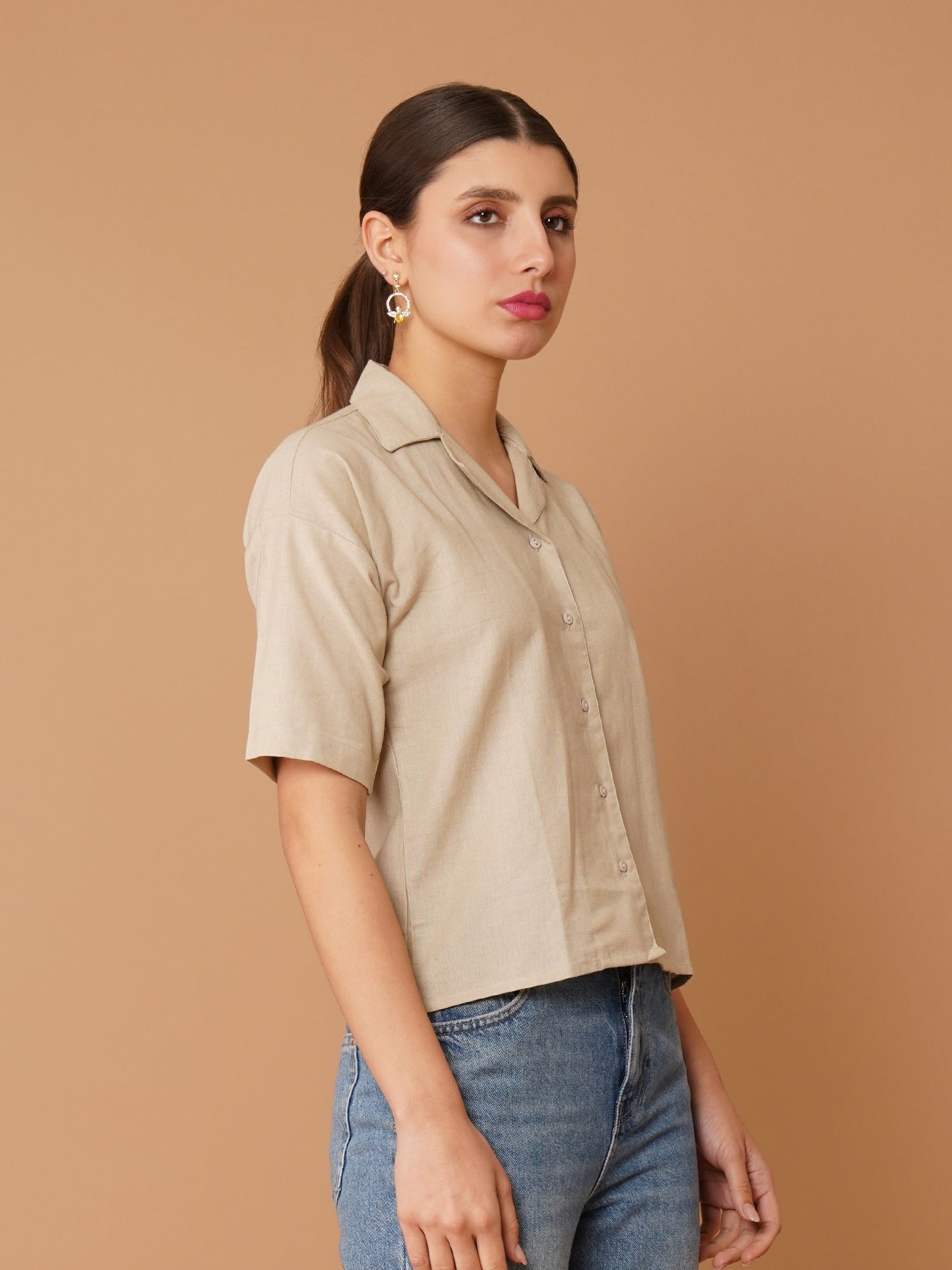Beige Spread Collar Drop-Shoulder Sleeves Cotton Shirt
