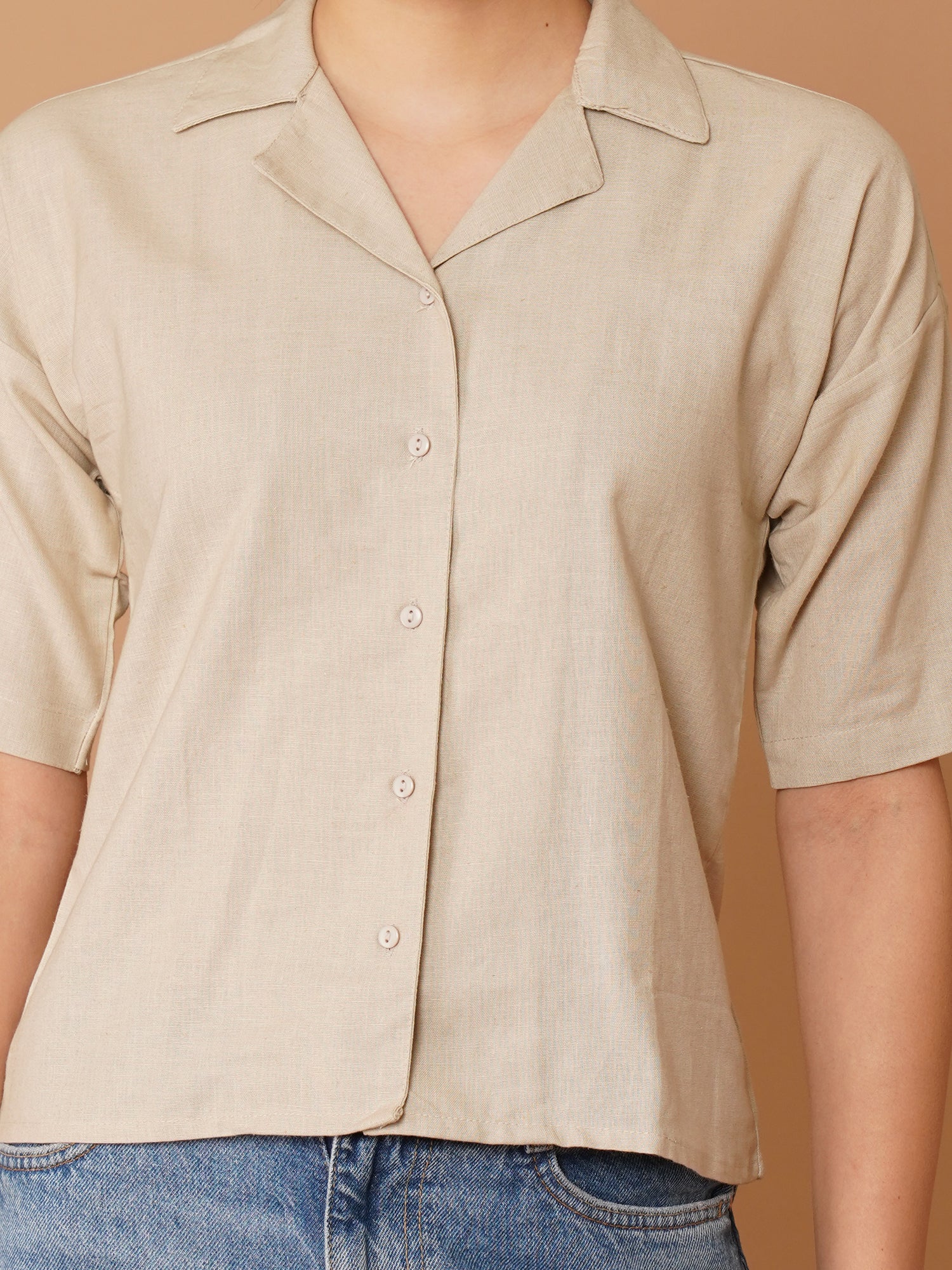 Beige Spread Collar Drop-Shoulder Sleeves Cotton Shirt