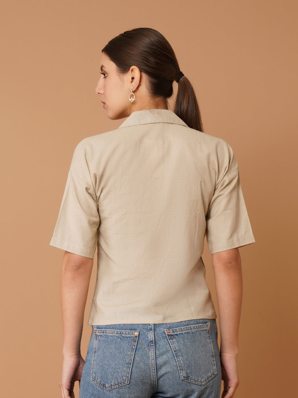 Beige Spread Collar Drop-Shoulder Sleeves Cotton Shirt