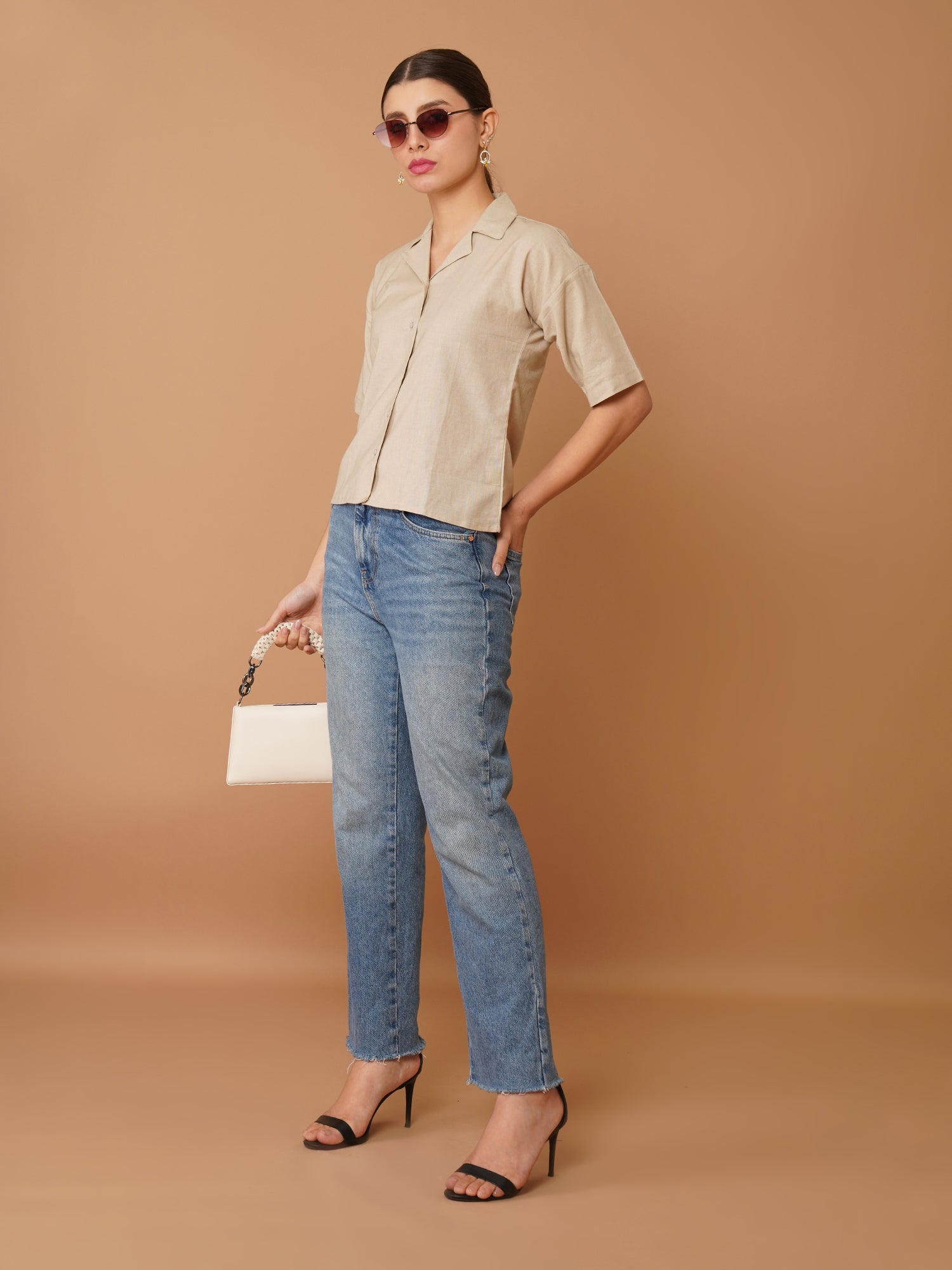 Beige Spread Collar Drop-Shoulder Sleeves Cotton Shirt