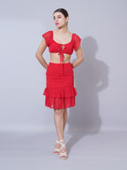 Red tie up top with mini skirt