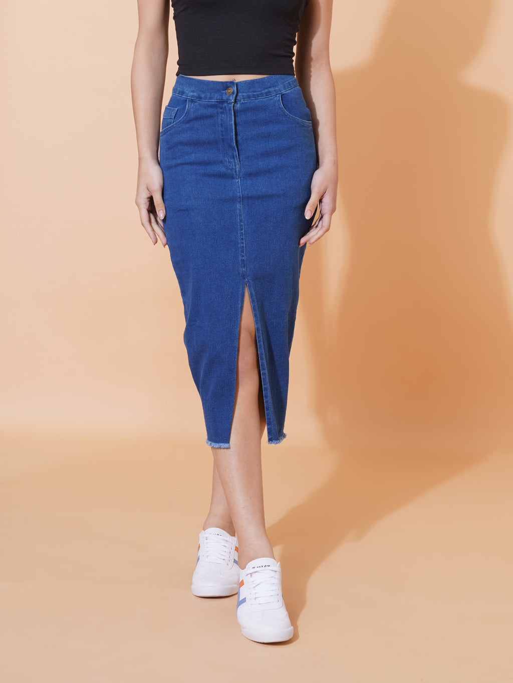 Denim Straight Midi Skirt