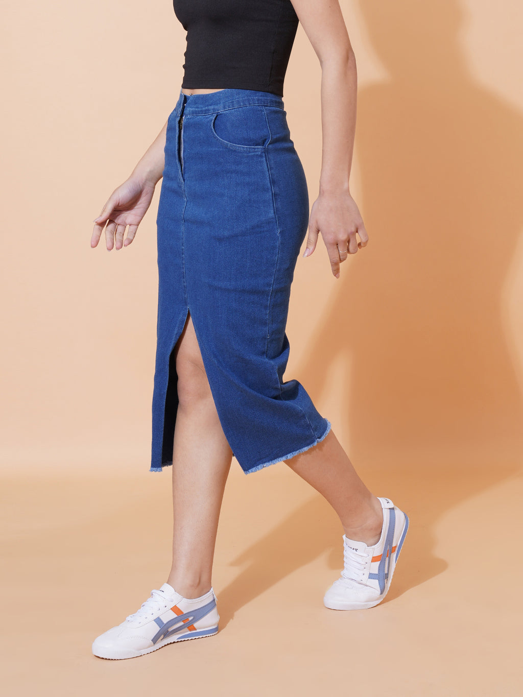 Denim Straight Midi Skirt