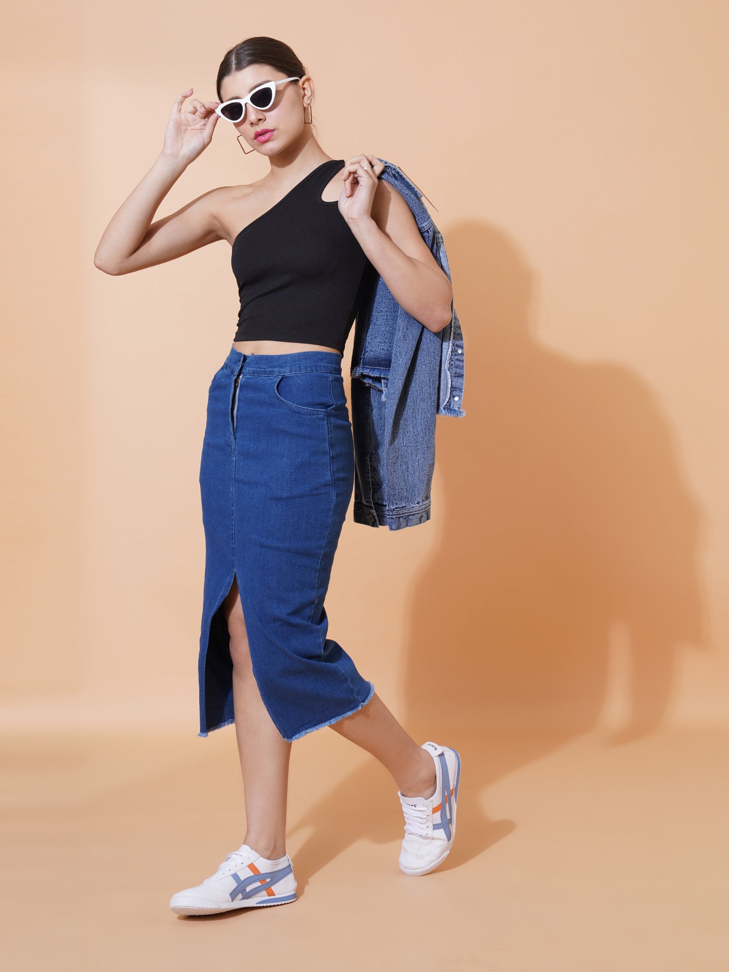 Denim Straight Midi Skirt