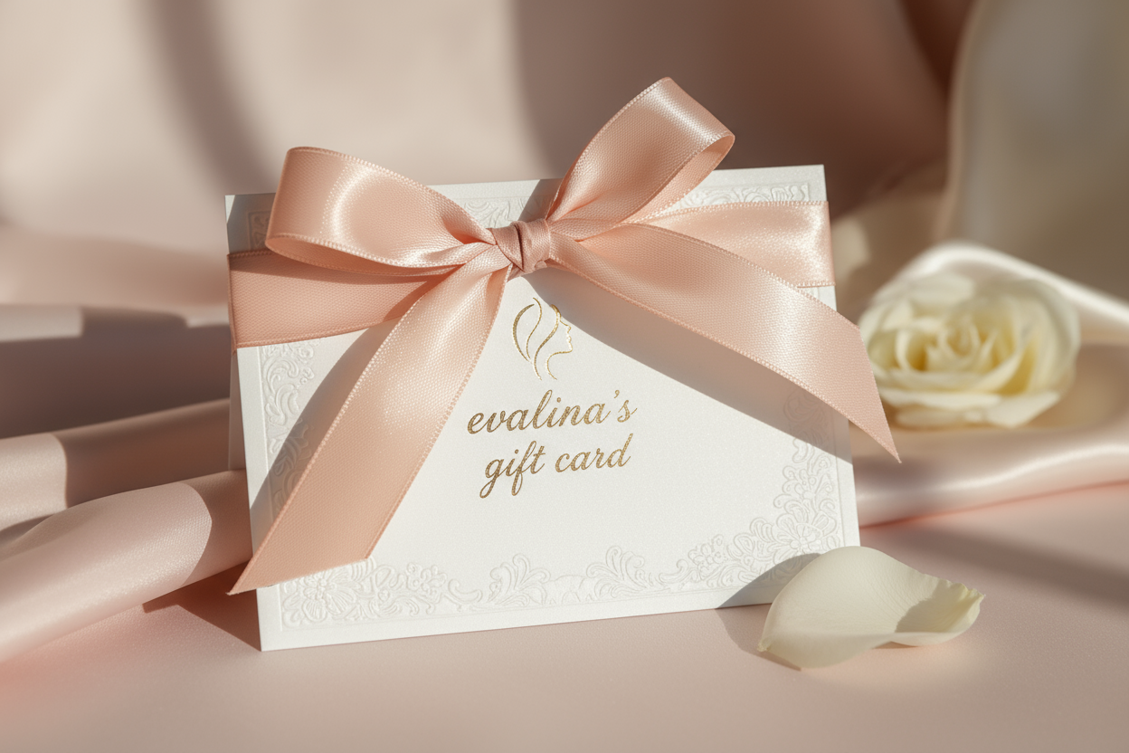 gift card image , ribbon tied, and written on it evalina's gift card 