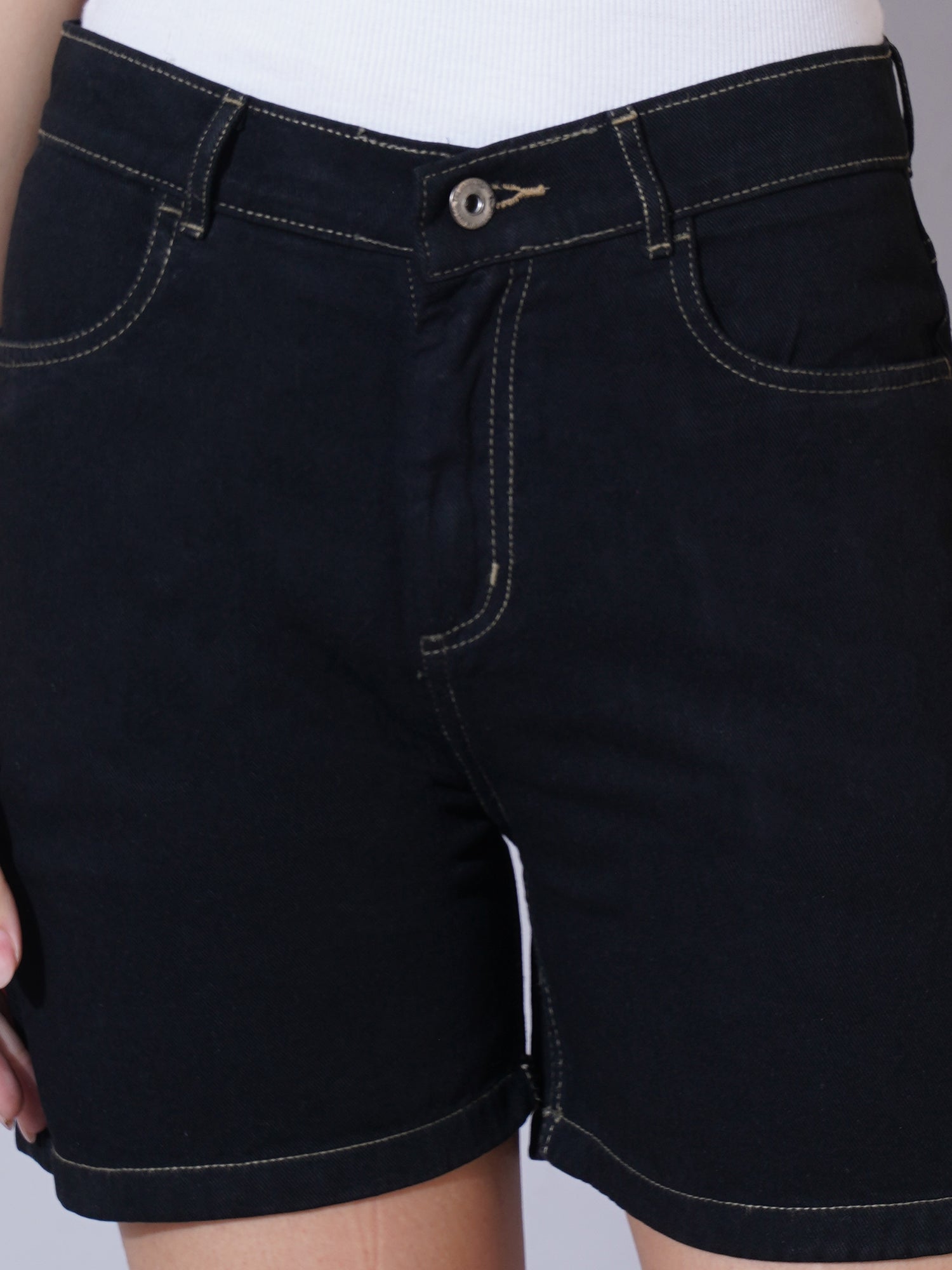 Black Mid Rise Outdoor Denim Shorts