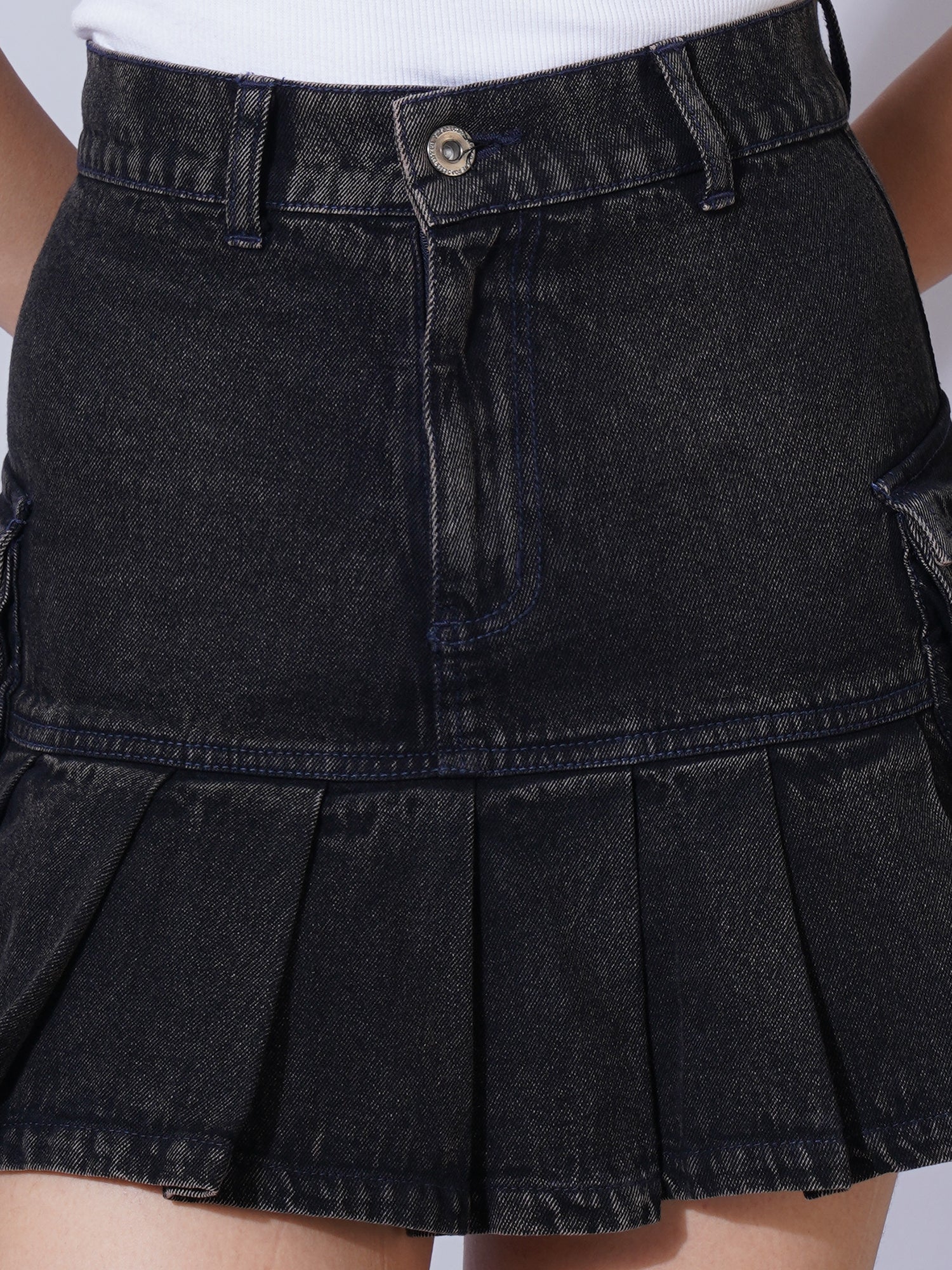Pleated Denim Mini Skirt
